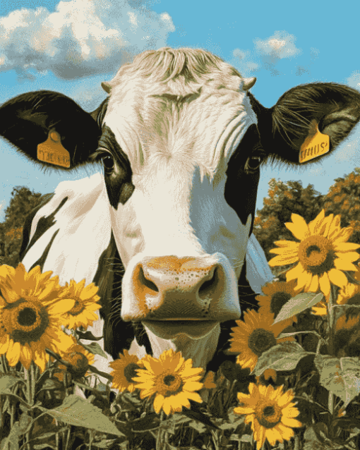 Aesthetic Cow with Sunflowers Diamond Painting