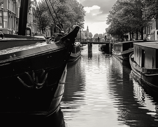 Amsterdam Black And White Barges Diamond Painting