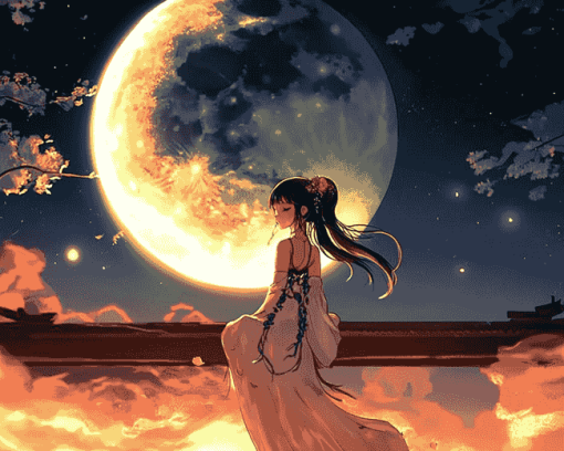 Anime Girl and Moon Fantasy Diamond Painting