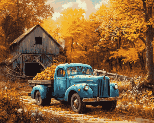 Blue Truck Fall Landscape Diamond Painting