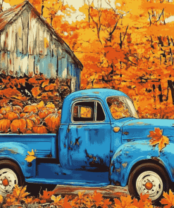 Blue Trucks and Fall Leaves Diamond Painting