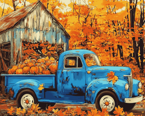 Blue Trucks and Fall Leaves Diamond Painting