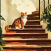 Cat On Stairs Kitty Diamond Painting