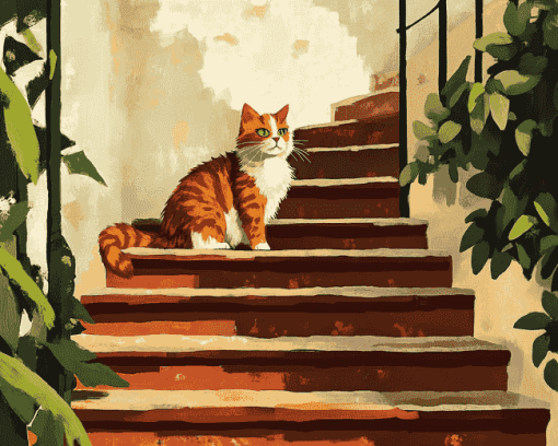 Cat On Stairs Kitty Diamond Painting