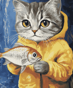 Cat With Fish Diamond Painting