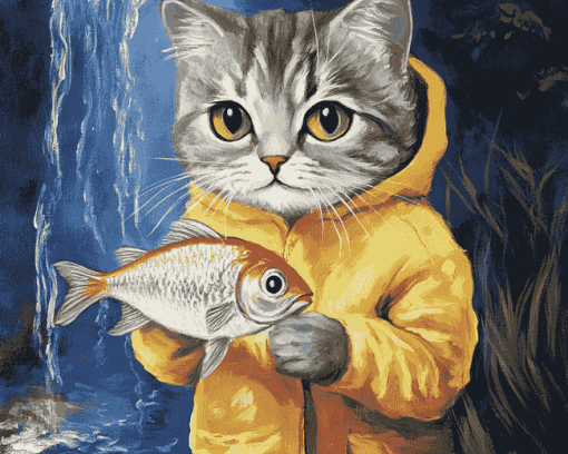 Cat With Fish Diamond Painting