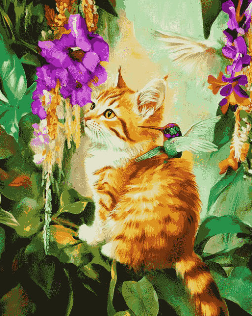 Cat and Hummingbird Diamond Painting