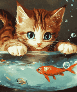 Cat with Fish Diamond Painting