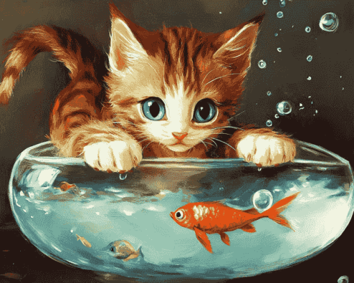 Cat with Fish Diamond Painting