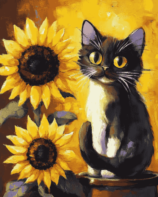 Cat with Sunflowers Diamond Painting