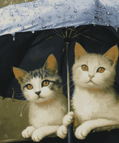 Cats and Kittens Under Umbrella Diamond Painting