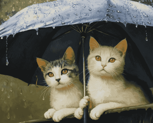 Cats and Kittens Under Umbrella Diamond Painting