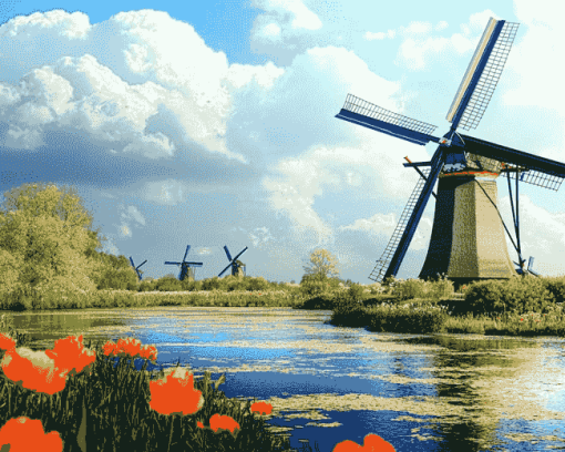 Charming Dutch Windmills Diamond Painting