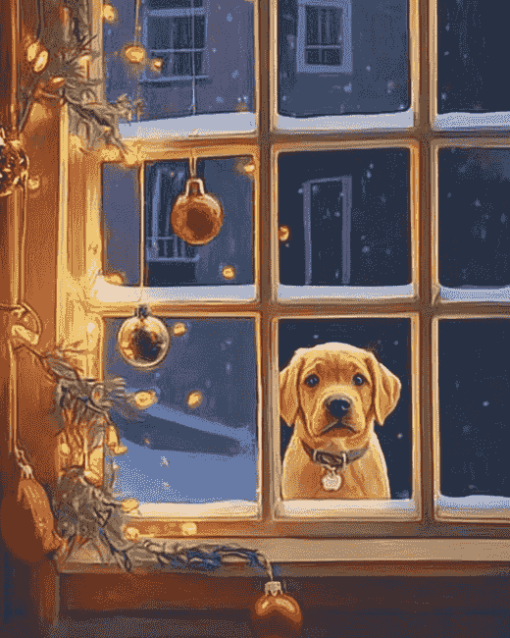 Christmas Puppies in Window Diamond Painting