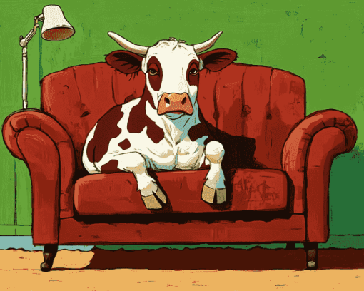 Cow on Couch Cartoon Diamond Painting