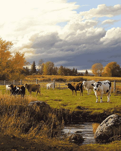 Cows in Autumn Landscape Diamond Painting