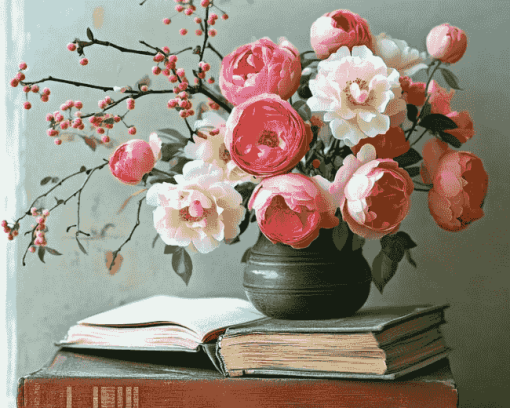 Elegant Ikebana Blossoms on Books Diamond Painting