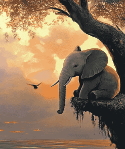 Elephant with Puppy on Tree Diamond Painting