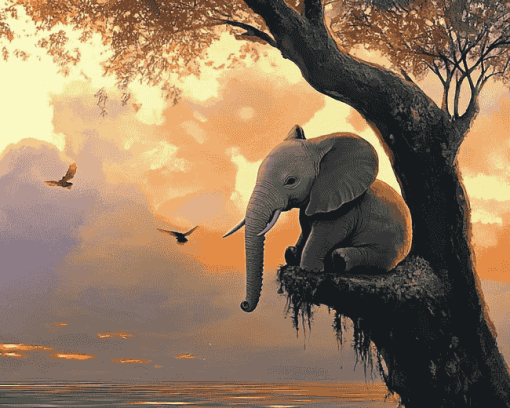 Elephant with Puppy on Tree Diamond Painting