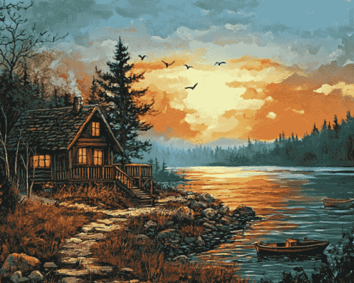 Fishing Cabin Landscape Diamond Painting