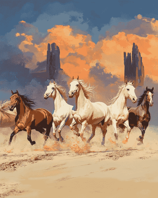 Five Horses Running in the Desert Diamond Painting