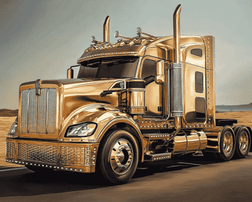 Golden Engine Semi Truck Diamond Painting