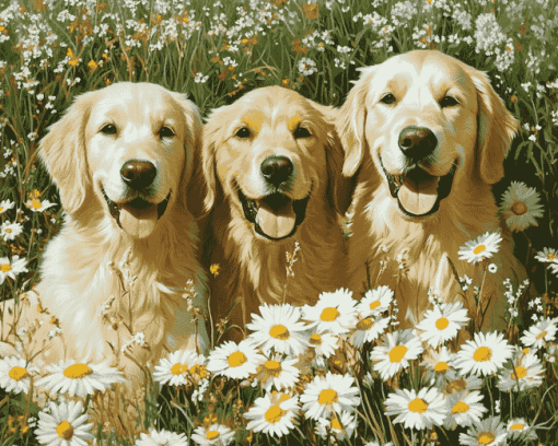 Golden Retrievers in Daisies Diamond Painting