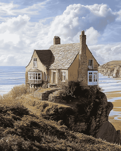 Grey Cottage Seascape Diamond Painting