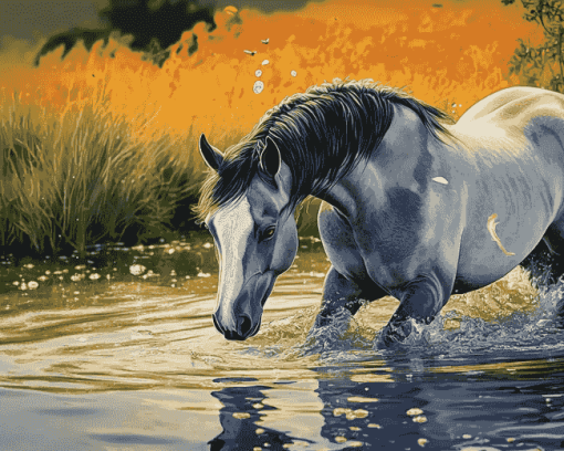 Grey Horse Splashing Diamond Painting