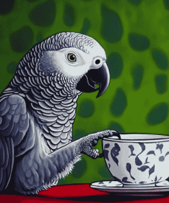 Grey Parrot Coffee Theme Diamond Painting