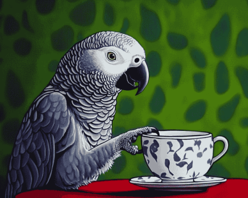 Grey Parrot Coffee Theme Diamond Painting