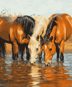 Horses Drinking Animal Art Diamond Painting