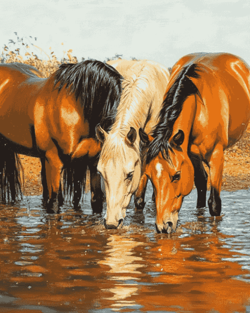 Horses Drinking Animal Art Diamond Painting