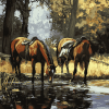 Horses Drinking Scene Diamond Painting