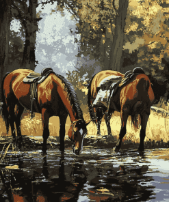 Horses Drinking Scene Diamond Painting