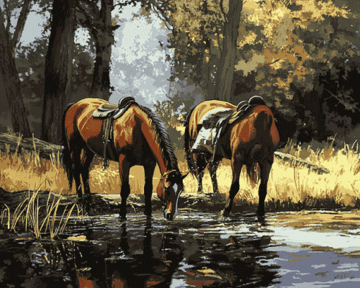 Horses Drinking Scene Diamond Painting