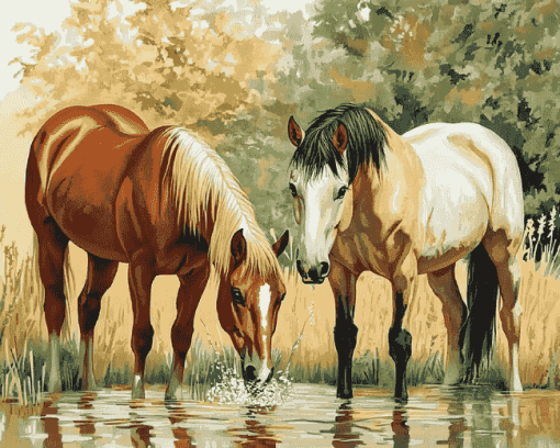 Horses Drinking Water Diamond Painting