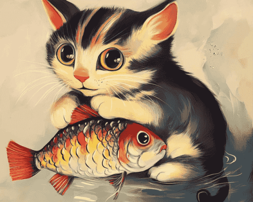 Kitty and Fish in Diamond Painting