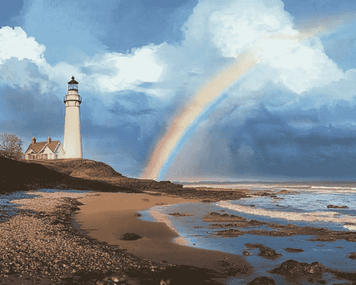 Lighthouse Over Rainbow Lake Diamond Painting