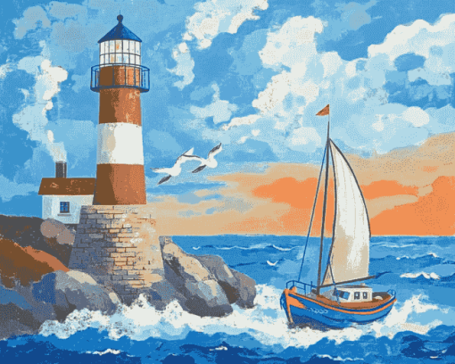 Lighthouse and Sailboat Adventure Diamond Painting