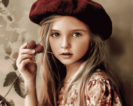 Little Girl in Raspberry Beret Diamond Painting