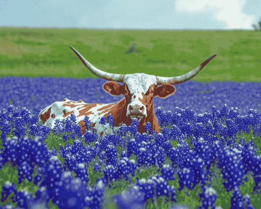 Longhorn and Bluebonnets Diamond Painting