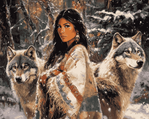 Native Wolves and Woman Diamond Painting