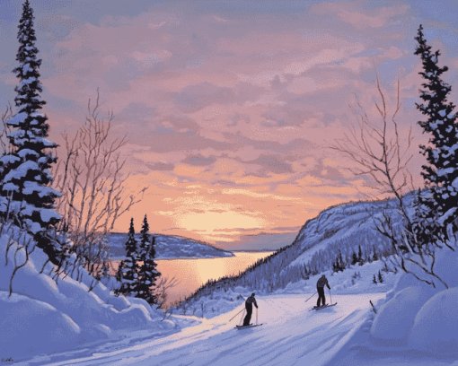 Newfoundland Sunset Skiing Scene Diamond Painting