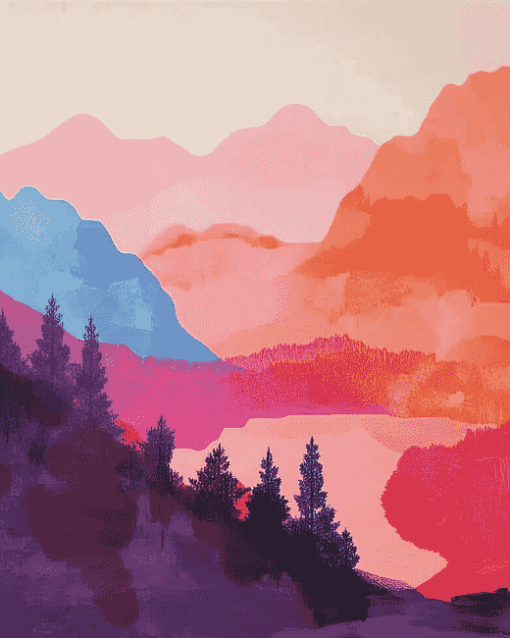 Pink Mountain Landscape Diamond Painting