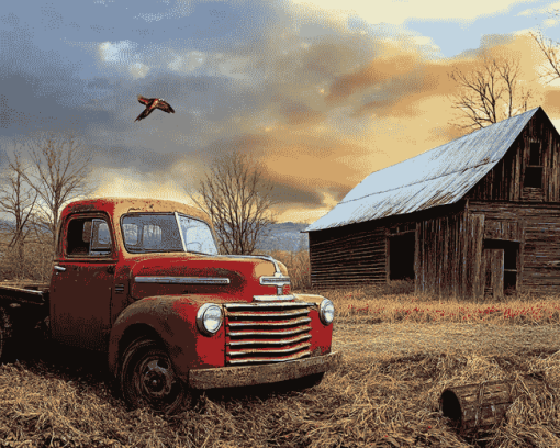 Red Barn and Vintage Truck Diamond Painting