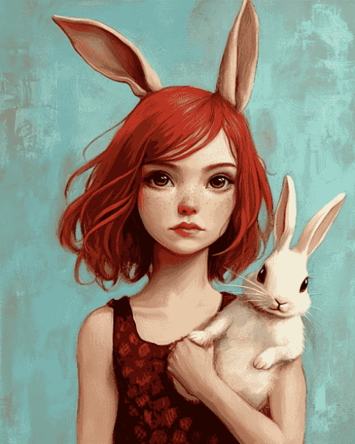 Red-Haired Girl with Bunnies Diamond Painting