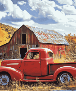 Red Truck and Barn Scene Diamond Painting