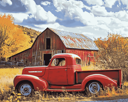 Red Truck and Barn Scene Diamond Painting