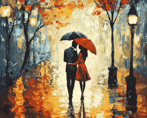 Romantic Lovers in Rain Diamond Painting